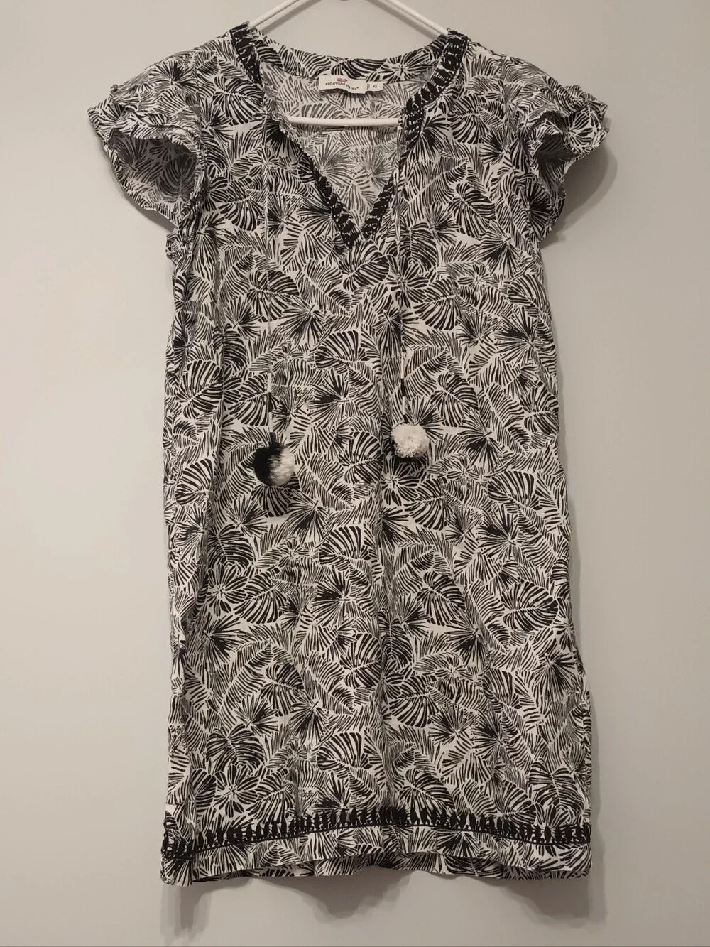Vineyard Vines Linen Black and White Leaf-Print Pom Pom Dress XS